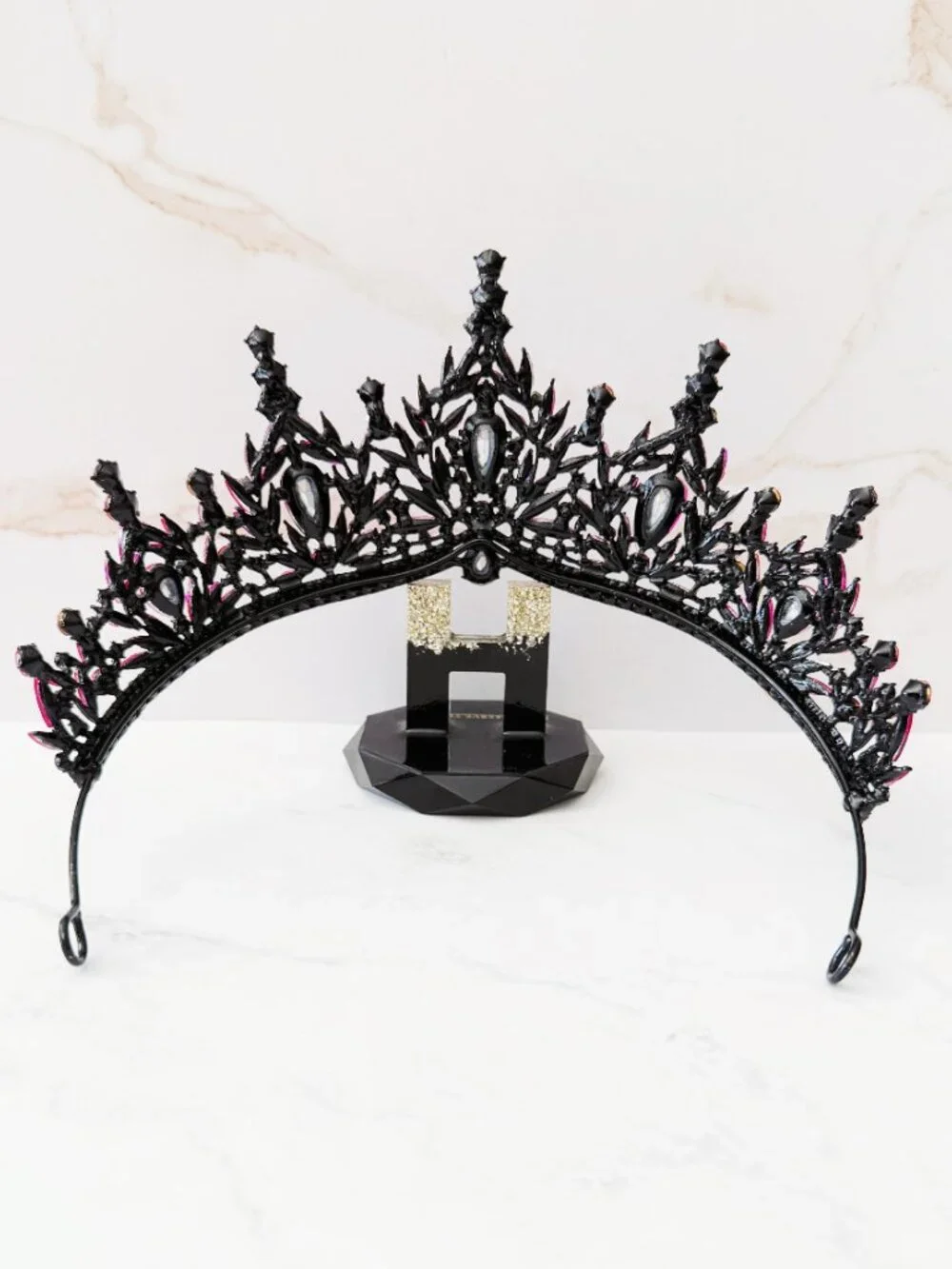 Hot Pink Rhinestone Headpiece, Gothic Fuchsia Crystal Tiara, Black Crown